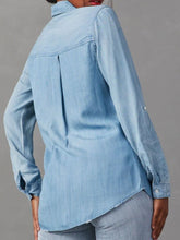 Load image into Gallery viewer, Collared Neck Roll-Tab Sleeve Denim Top