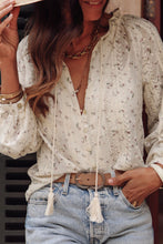 Load image into Gallery viewer, Frill Lace Detail Printed Tie Neck Long Sleeve Blouse