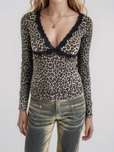 Load image into Gallery viewer, Devine Lace Detail Leopard V-Neck Long Sleeve T-Shirt