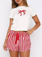 Load image into Gallery viewer, Printed Round Neck Short Sleeve Top and Drawstring Shorts Set