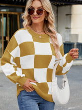 Load image into Gallery viewer, Checkered Round Neck Long Sleeve Sweater