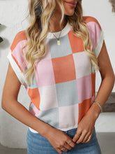 Load image into Gallery viewer, Mandy Checkered Round Neck Cap Sleeve Knit Top