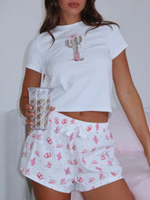 Load image into Gallery viewer, Printed Round Neck Short Sleeve Top and Drawstring Shorts Set