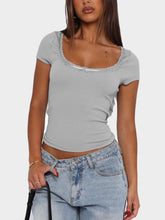 Load image into Gallery viewer, Lace Detail Scoop Neck Short Sleeve T-Shirt