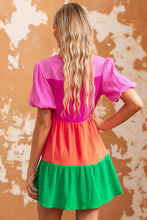 Load image into Gallery viewer, Color Block Buttoned Puff Sleeve Dress