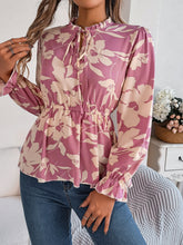 Load image into Gallery viewer, Printed Tie Neck Flounce Sleeve Blouse