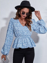 Load image into Gallery viewer, Floral V-Neck Balloon Sleeve Peplum Blouse