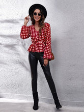 Load image into Gallery viewer, Plaid V-Neck Balloon Sleeve Peplum Blouse