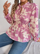 Load image into Gallery viewer, Printed Tie Neck Flounce Sleeve Blouse