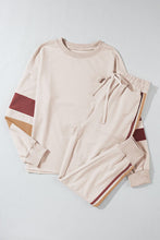 Load image into Gallery viewer, Striped Round Neck Sweatshirt and Drawstring Joggers Set