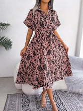 Load image into Gallery viewer, Printed Collared Neck Short Sleeve Tie Waist Dress