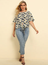 Load image into Gallery viewer, Plus Size Floral Round Neck Tie Hem Blouse