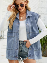 Load image into Gallery viewer, Collared Neck Sleeveless Denim Top with Pockets
