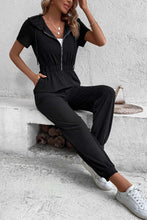 Load image into Gallery viewer, Zip-Up Short Sleeve Hooded Jumpsuit with Pockets