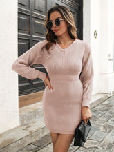Load image into Gallery viewer, Rib-Knit V-Neck Sweater Dress