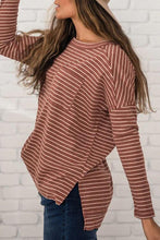 Load image into Gallery viewer, Striped Round Neck Long Sleeve Slit T-Shirt