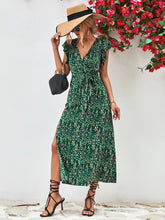 Load image into Gallery viewer, Printed Surplice Neck Flutter Sleeve Slit Dress