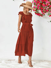 Load image into Gallery viewer, Tie Belt Ruffled Tiered Dress