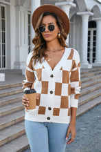 Load image into Gallery viewer, Button-Up Plaid V-Neck Dropped Shoulder Cardigan