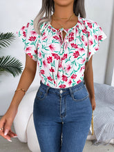 Load image into Gallery viewer, Floral Tie Neck Flutter Sleeve Blouse