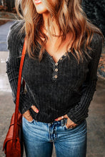 Load image into Gallery viewer, Ribbed Buttoned V-Neck Long Sleeve Top