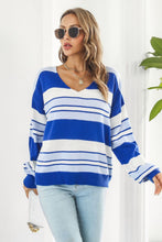 Load image into Gallery viewer, Striped V-Neck Dropped Shoulder Sweater