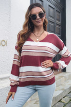 Load image into Gallery viewer, Striped V-Neck Dropped Shoulder Sweater