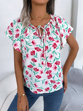Load image into Gallery viewer, Floral Tie Neck Flutter Sleeve Blouse