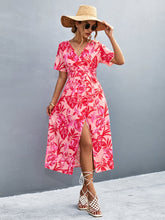 Load image into Gallery viewer, Floral Print High Slit Surplice Neck Tie Waist Midi Dress
