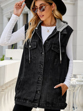 Load image into Gallery viewer, Drawstring Hooded Sleeveless Denim Top with Pockets
