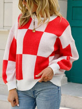 Load image into Gallery viewer, Checkered Round Neck Dropped Shoulder Sweater