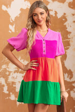 Load image into Gallery viewer, Color Block Buttoned Puff Sleeve Dress