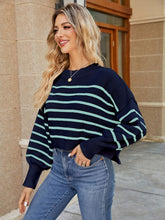 Load image into Gallery viewer, Round Neck Striped Lantern Sleeve Sweater