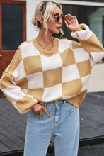 Load image into Gallery viewer, Checkered Exposed Seam Drooped Shoulder Sweater