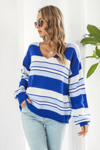 Load image into Gallery viewer, Striped V-Neck Dropped Shoulder Sweater