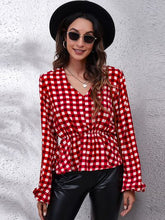 Load image into Gallery viewer, Plaid V-Neck Balloon Sleeve Peplum Blouse