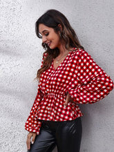 Load image into Gallery viewer, Plaid V-Neck Balloon Sleeve Peplum Blouse