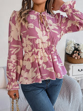 Load image into Gallery viewer, Printed Tie Neck Flounce Sleeve Blouse