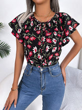 Load image into Gallery viewer, Floral Tie Neck Flutter Sleeve Blouse
