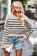 Load image into Gallery viewer, Striped Round Neck Drop Shoulder Slit Sweater
