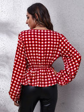 Load image into Gallery viewer, Plaid V-Neck Balloon Sleeve Peplum Blouse