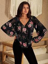 Load image into Gallery viewer, Flower Printed Tie Neck Long Sleeve Blouse