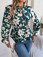 Load image into Gallery viewer, Printed Tie Neck Flounce Sleeve Blouse