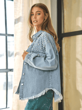 Load image into Gallery viewer, Collared Neck Raw Hem Dropped Shoulder Denim Jacket