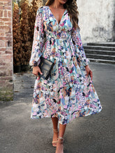 Load image into Gallery viewer, Printed V-Neck Long Sleeve Midi Dress