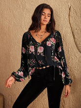 Load image into Gallery viewer, Flower Printed Tie Neck Long Sleeve Blouse