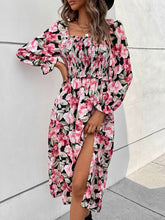 Load image into Gallery viewer, Slit Smocked Floral Flounce Sleeve Dress