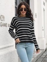 Load image into Gallery viewer, Striped Round Neck Dropped Shoulder Sweater