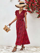 Load image into Gallery viewer, Printed Surplice Neck Flutter Sleeve Slit Dress