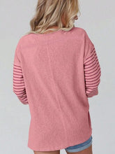 Load image into Gallery viewer, Round Neck Striped Long Sleeve Slit T-Shirt